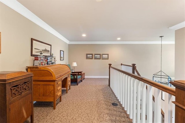 5812 Reinhardt Dr, Fairway, KS 66205 - corridor featuring crown molding, light carpet, baseboards, recessed lighting, and an upstairs landing