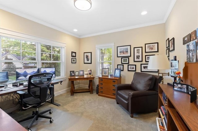 5812 Reinhardt Dr, Fairway, KS 66205 - office space with crown molding, light colored carpet, baseboards, and recessed lighting