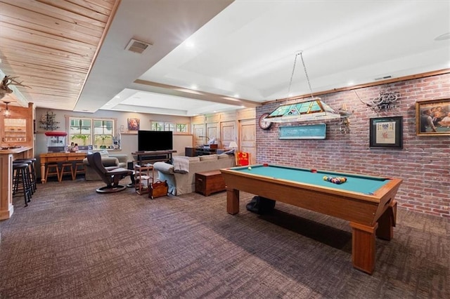 5812 Reinhardt Dr, Fairway, KS 66205 - playroom featuring carpet, brick wall, billiards, and a tray ceiling