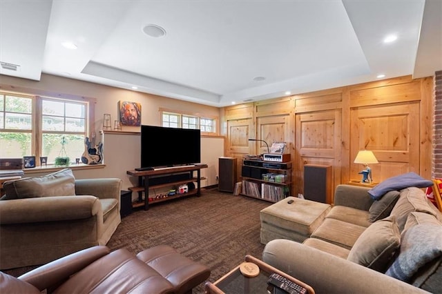 5812 Reinhardt Dr, Fairway, KS 66205 - living room with a raised ceiling, dark carpet, and recessed lighting