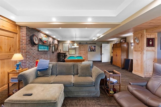 5812 Reinhardt Dr, Fairway, KS 66205 - living area featuring a raised ceiling, billiards table, dark carpet, baseboards, and recessed lighting