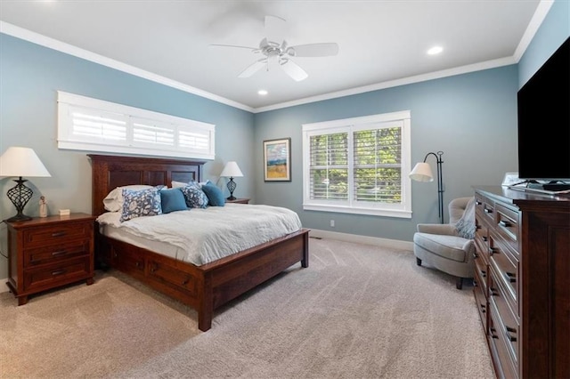 5812 Reinhardt Dr, Fairway, KS 66205 - bedroom with light colored carpet, baseboards, crown molding, recessed lighting, and a ceiling fan