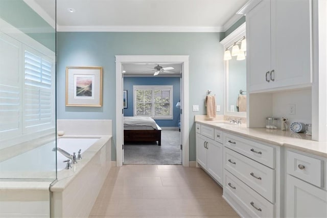 5812 Reinhardt Dr, Fairway, KS 66205 - ensuite bathroom with vanity, a bath, ornamental molding, a ceiling fan, and tile patterned flooring