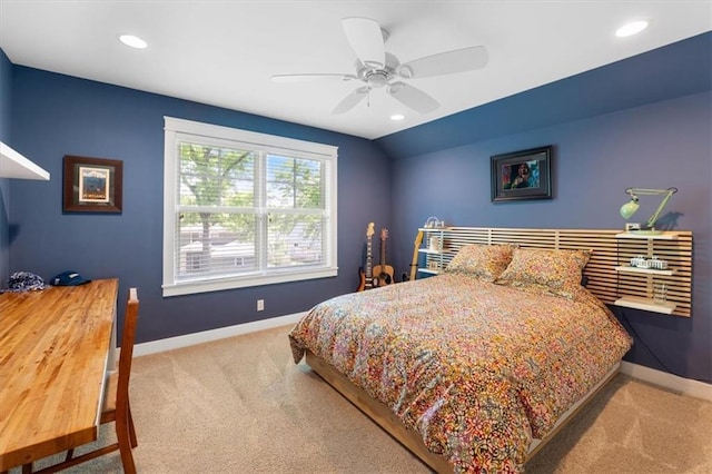 5812 Reinhardt Dr, Fairway, KS 66205 - carpeted bedroom featuring baseboards, recessed lighting, lofted ceiling, and ceiling fan