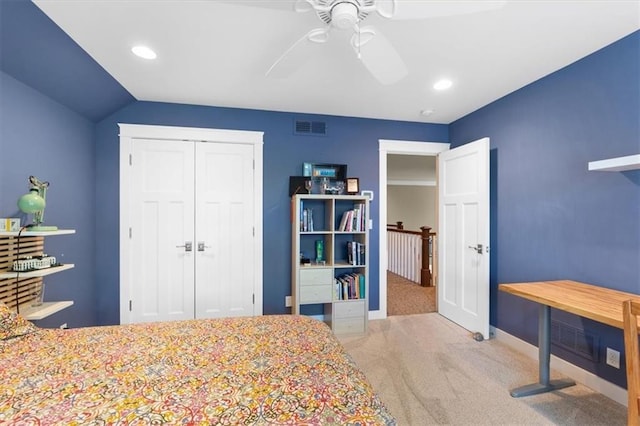 5812 Reinhardt Dr, Fairway, KS 66205 - carpeted bedroom with a closet, recessed lighting, ceiling fan, baseboards, and vaulted ceiling