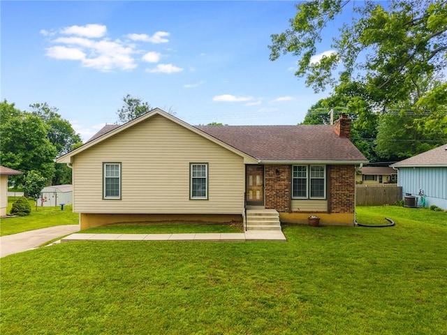 8707 Brenda Ln, Pleasant Valley, MO 64068 - single story home featuring a chimney, brick siding, and cooling unit