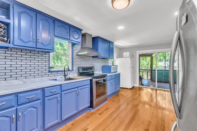 8303 Wabash Ave, Kansas City, MO 64132 - kitchen with appliances with stainless steel finishes, wall chimney exhaust hood, blue cabinetry, backsplash, and plenty of natural light