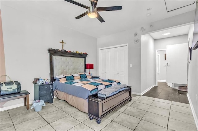 8303 Wabash Ave, Kansas City, MO 64132 - bedroom featuring light tile patterned flooring, a closet, a ceiling fan, and recessed lighting