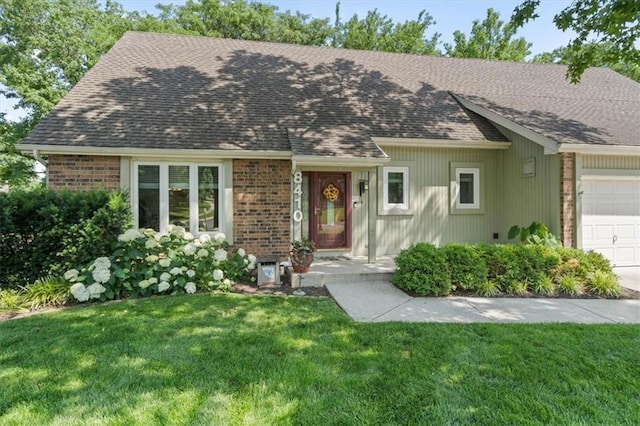 8410 W 117th St, Overland Park, KS 66210 - view of front of house featuring a garage, brick siding, a shingled roof, and a front lawn