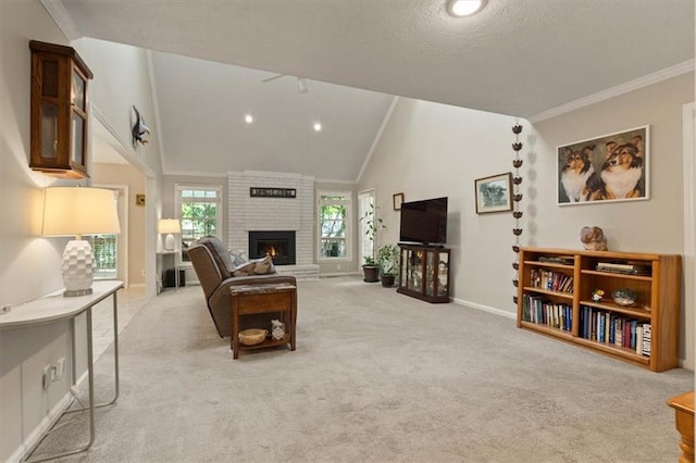 8410 W 117th St, Overland Park, KS 66210 - living area featuring a brick fireplace, light colored carpet, vaulted ceiling, ornamental molding, and recessed lighting