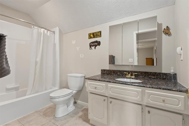8410 W 117th St, Overland Park, KS 66210 - bathroom with vanity, shower / tub combo with curtain, vaulted ceiling, and tile patterned floors