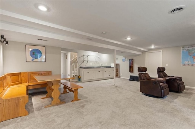 8410 W 117th St, Overland Park, KS 66210 - living area with carpet floors, recessed lighting, and stairway