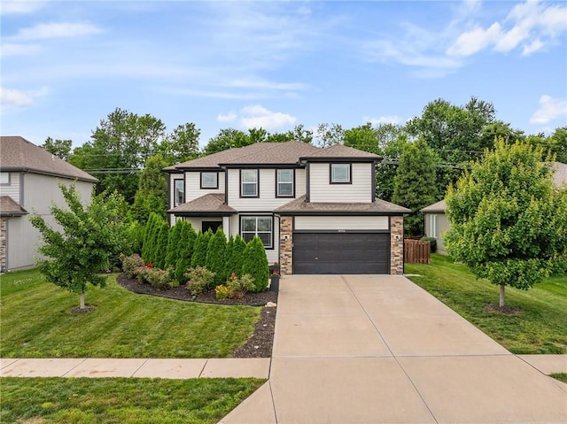 16154 S Canton St, Gardner, KS 66030 - traditional-style home featuring driveway, an attached garage, a front lawn, and stone siding