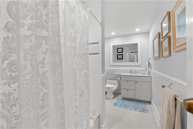 1809 Main St, Lexington, MO 64067 - full bathroom with vanity, wainscoting, a shower with curtain, recessed lighting, and tile patterned floors