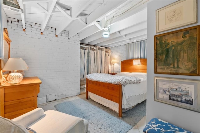 1809 Main St, Lexington, MO 64067 - bedroom with brick wall, tile patterned flooring, and beamed ceiling