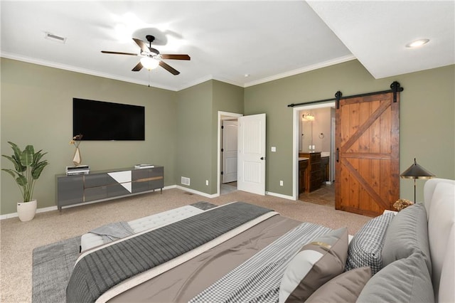21835 W 175th Ter, Olathe, KS 66062 - carpeted bedroom with a barn door, ornamental molding, connected bathroom, and a ceiling fan