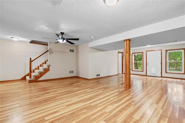 8604 NE 72nd Ter, Kansas City, MO 64158 - unfurnished living room with a textured ceiling, light wood-style floors, stairway, baseboards, and a ceiling fan