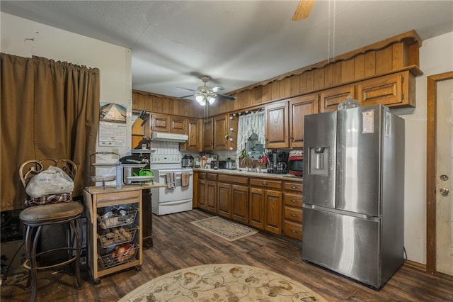 43574 E 224th St, Cowgill, MO 64637 - kitchen featuring stainless steel refrigerator with ice dispenser, electric range, a ceiling fan, under cabinet range hood, and dark wood-style flooring