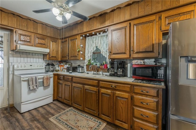 43574 E 224th St, Cowgill, MO 64637 - kitchen featuring stainless steel refrigerator with ice dispenser, white electric stove, a sink, light countertops, and under cabinet range hood