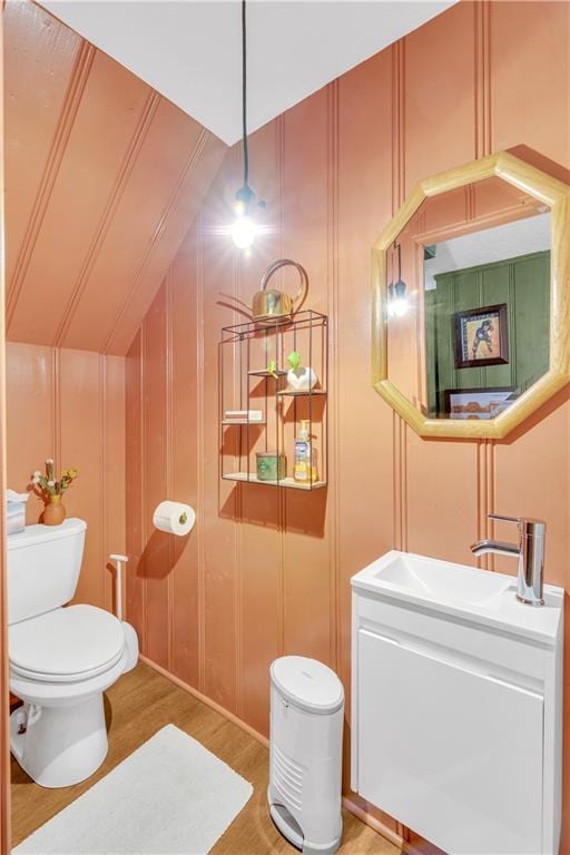 617 E 64th Ter, Kansas City, MO 64131 - bathroom with toilet, wood finished floors, a decorative wall, vaulted ceiling, and vanity