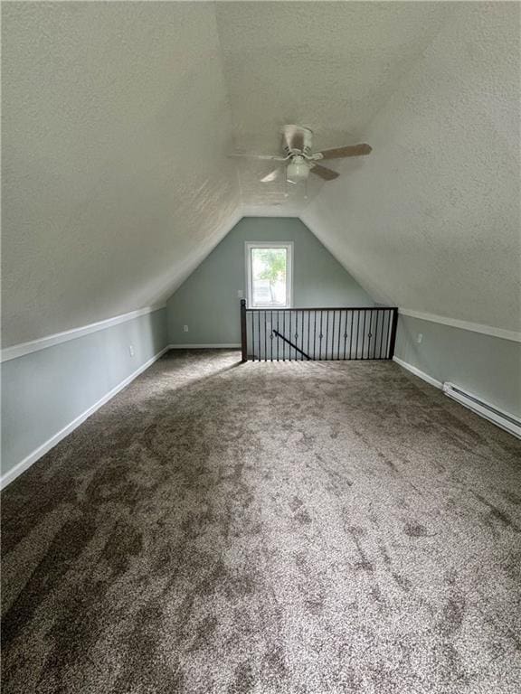10057 Otter Rd, Clinton, MO 64735 - bonus room featuring ceiling fan, a textured ceiling, a baseboard heating unit, lofted ceiling, and carpet flooring