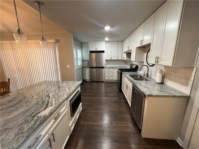 8237 N Chatham Ave, Kansas City, MO 64151 - kitchen featuring stainless steel appliances, a sink, light stone countertops, backsplash, and white cabinetry