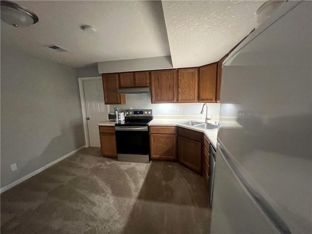 8237 N Chatham Ave, Kansas City, MO 64151 - kitchen with stainless steel electric range, a sink, under cabinet range hood, freestanding refrigerator, and light colored carpet