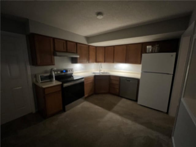 8237 N Chatham Ave, Kansas City, MO 64151 - kitchen with stainless steel appliances, a sink, light countertops, under cabinet range hood, and carpet floors