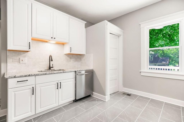 812 E Wabash St, Olathe, KS 66061 - kitchen featuring dishwasher, tasteful backsplash, white cabinets, light stone counters, and light marble finish flooring