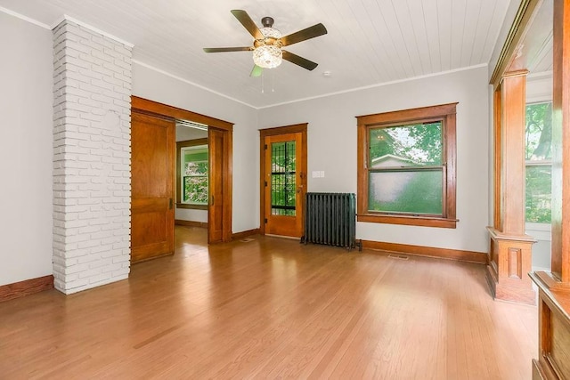 812 E Wabash St, Olathe, KS 66061 - unfurnished room with plenty of natural light, radiator, ornate columns, light wood-type flooring, and crown molding