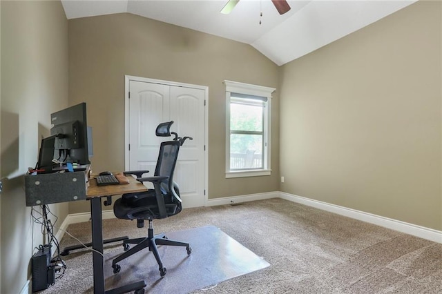 16570 S Ingrid St, Gardner, KS 66030 - carpeted office featuring vaulted ceiling, a ceiling fan, and baseboards