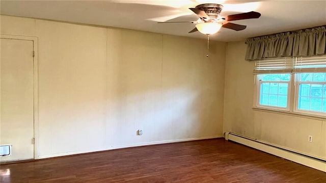 1441 S Maple St, Ottawa, KS 66067 - unfurnished room with a baseboard radiator, ceiling fan, and wood finished floors