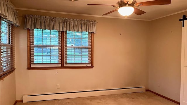 1441 S Maple St, Ottawa, KS 66067 - empty room with a baseboard radiator, light carpet, plenty of natural light, ornamental molding, and ceiling fan
