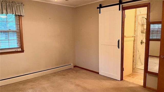 1441 S Maple St, Ottawa, KS 66067 - unfurnished bedroom featuring baseboard heating, light colored carpet, crown molding, a barn door, and multiple windows
