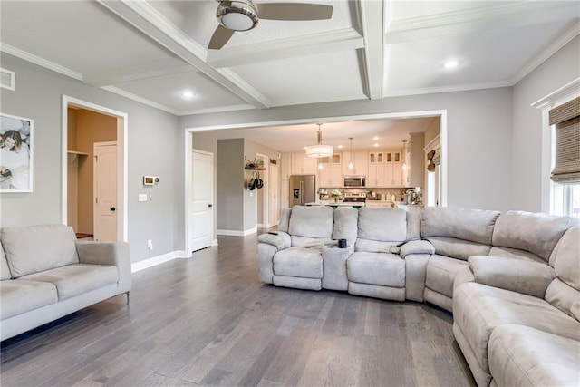 8721 N Mersington Ave, Kansas City, MO 64156 - living area featuring coffered ceiling, dark wood-style flooring, a ceiling fan, beam ceiling, and recessed lighting