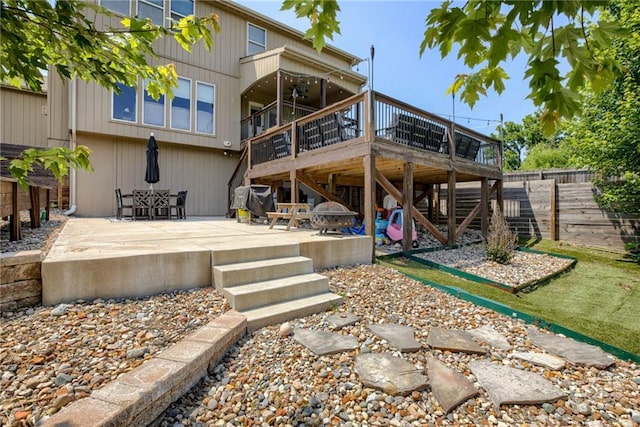 8721 N Mersington Ave, Kansas City, MO 64156 - rear view of property featuring a patio area, ceiling fan, a deck, and stairs