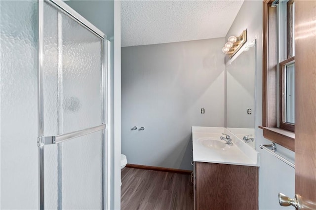 12 SW 365th Rd, Warrensburg, MO 64093 - bathroom featuring vanity, wood finished floors, a textured ceiling, and a stall shower