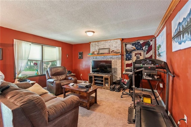1405 S Vine St, Holden, MO 64040 - living room with carpet floors, a textured ceiling, and a fireplace