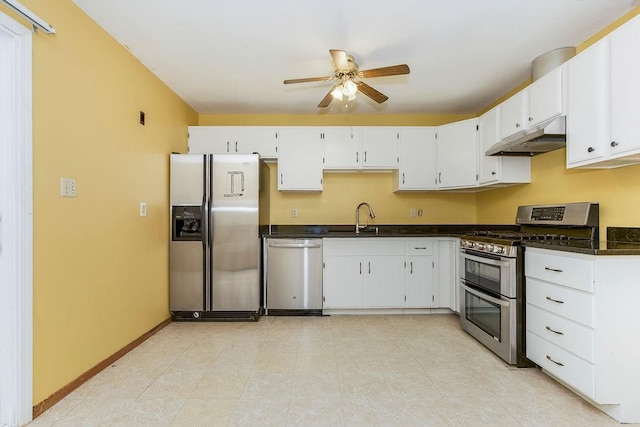 19218 E 6th St N, Independence, MO 64056 - kitchen featuring stainless steel appliances, under cabinet range hood, a sink, dark countertops, and a ceiling fan