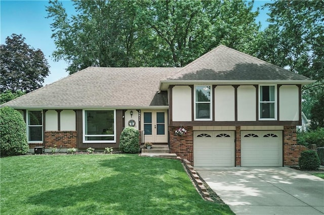12411 W 100th St, Lenexa, KS 66215 - tri-level home featuring roof with shingles, brick siding, driveway, and a garage