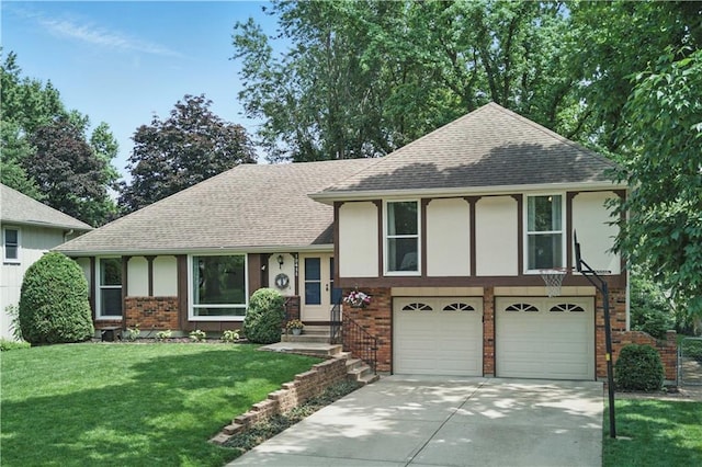 12411 W 100th St, Lenexa, KS 66215 - tri-level home with roof with shingles, brick siding, an attached garage, concrete driveway, and a front yard