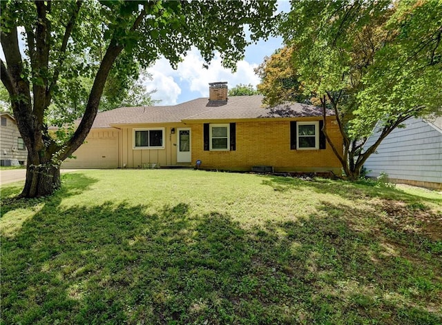 7907 Elm Ave, Raytown, MO 64138 - view of front facade featuring a garage, board and batten siding, a chimney, a front yard, and roof with shingles