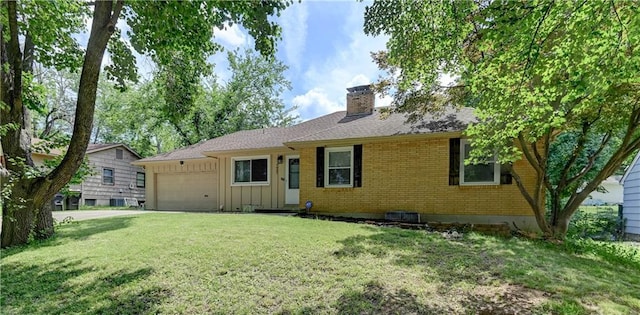 7907 Elm Ave, Raytown, MO 64138 - view of front of property featuring a chimney, an attached garage, a front lawn, brick siding, and board and batten siding