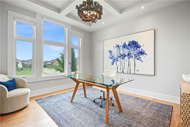 15601 Catalina St, Overland Park, KS 66224 - office space featuring healthy amount of natural light, coffered ceiling, wood finished floors, a chandelier, and beam ceiling