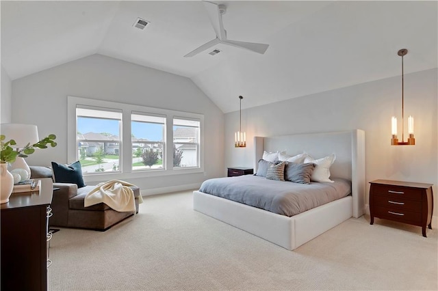 15601 Catalina St, Overland Park, KS 66224 - bedroom with carpet, vaulted ceiling, a chandelier, and a ceiling fan