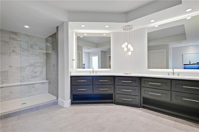 15601 Catalina St, Overland Park, KS 66224 - full bathroom with a raised ceiling, tiled shower, double vanity, and recessed lighting