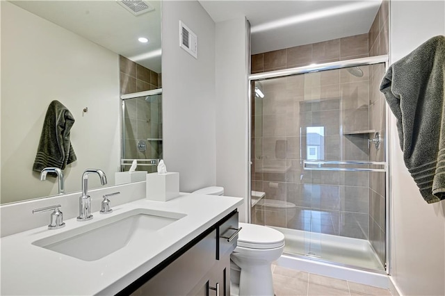 15601 Catalina St, Overland Park, KS 66224 - full bath with vanity, toilet, a shower stall, tile patterned floors, and recessed lighting