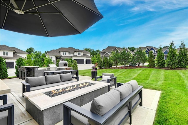 15601 Catalina St, Overland Park, KS 66224 - view of patio featuring an outdoor living space with a fire pit and a residential view