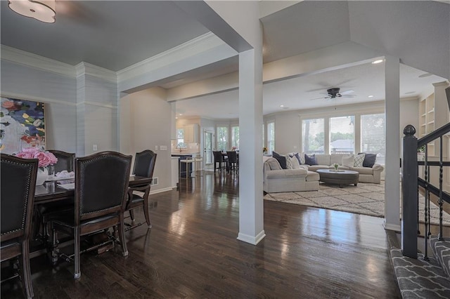 23856 W 124th Ct, Olathe, KS 66061 - dining area featuring ceiling fan, ornamental molding, wood finished floors, stairway, and recessed lighting