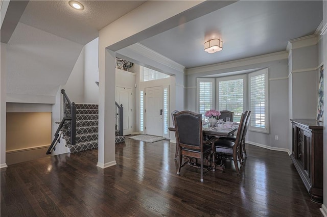 23856 W 124th Ct, Olathe, KS 66061 - dining space with dark wood-style flooring, stairs, and ornamental molding
